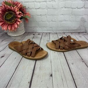 born isle slide brown leather crisscross strappy flat slip on sandals sz 9